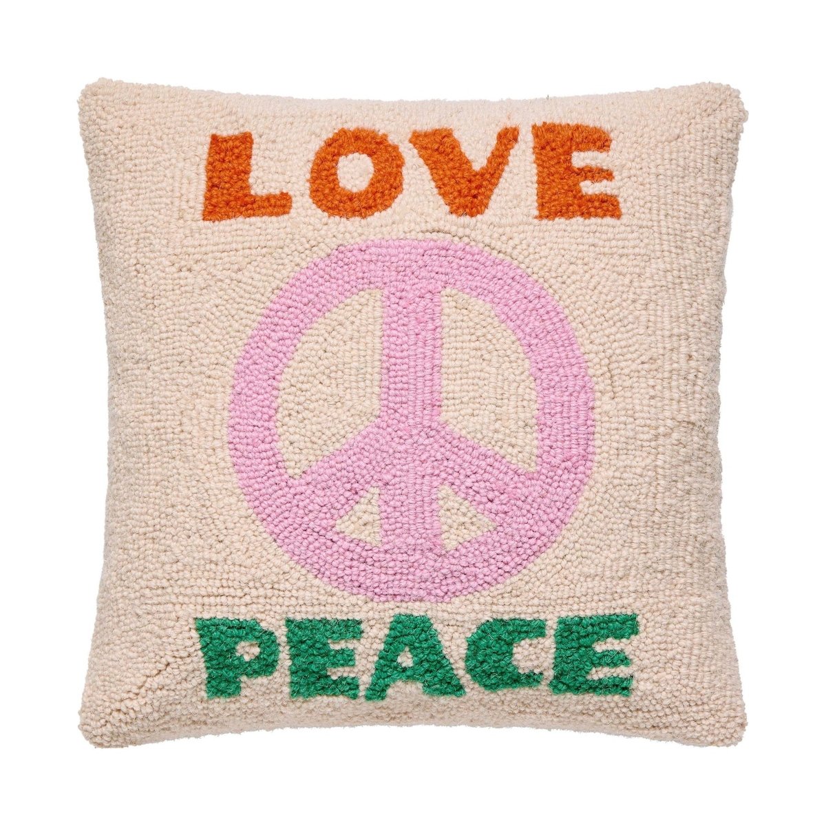 Love and Peace Hooked Wool Throw Pillow, 16x16 inch, front view