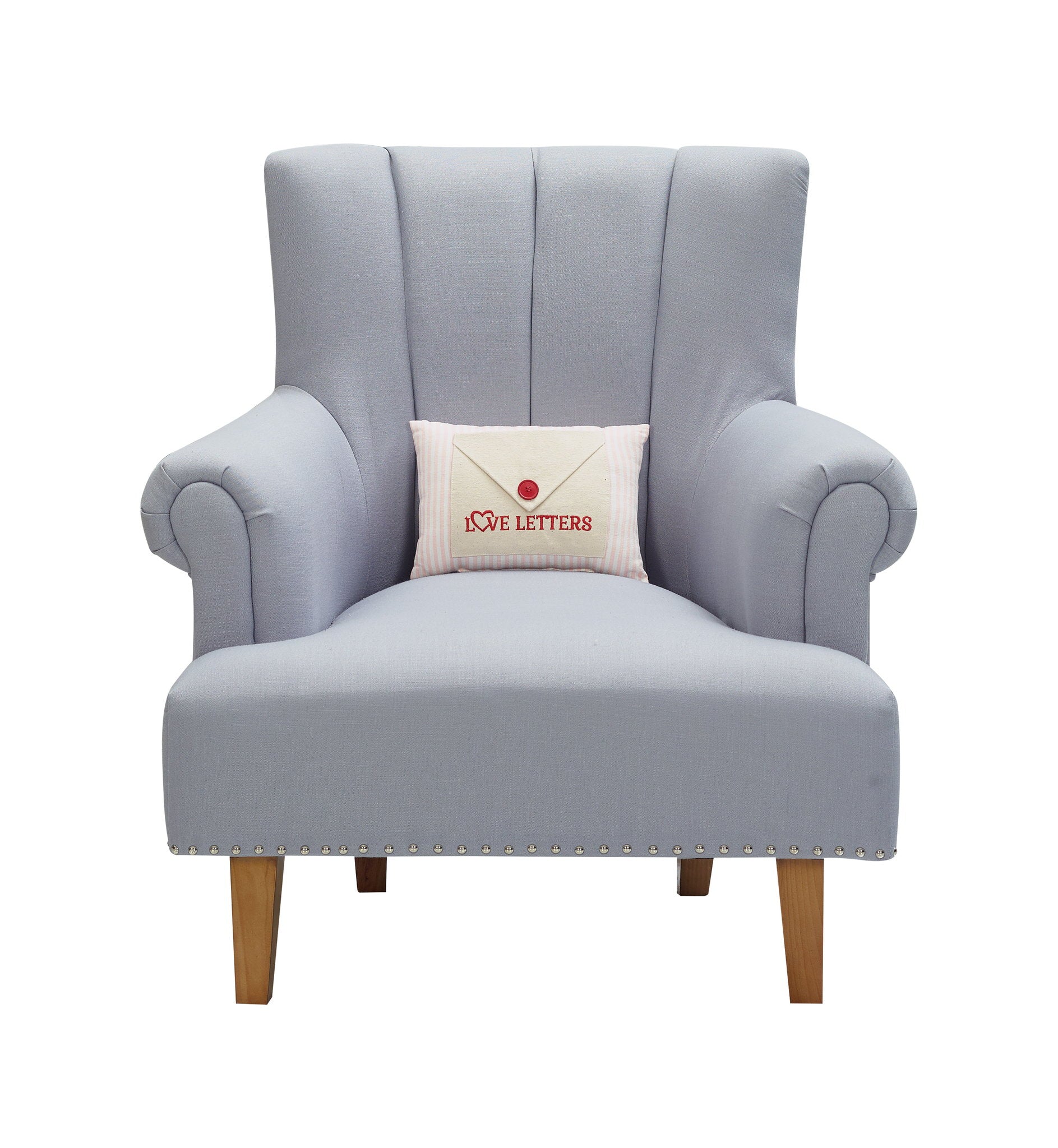 Love Letter with Button Embroidered Valentine Throw Pillow, 8x12 inch, shown upright on a gray armchair
