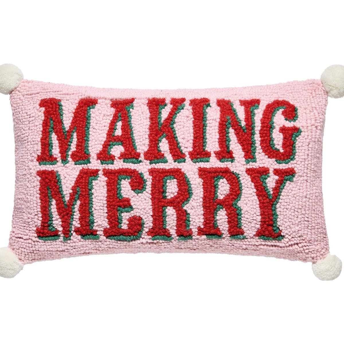 Making Merry with Pom Poms Hooked Wool Christmas Throw Pillow, close-up detail