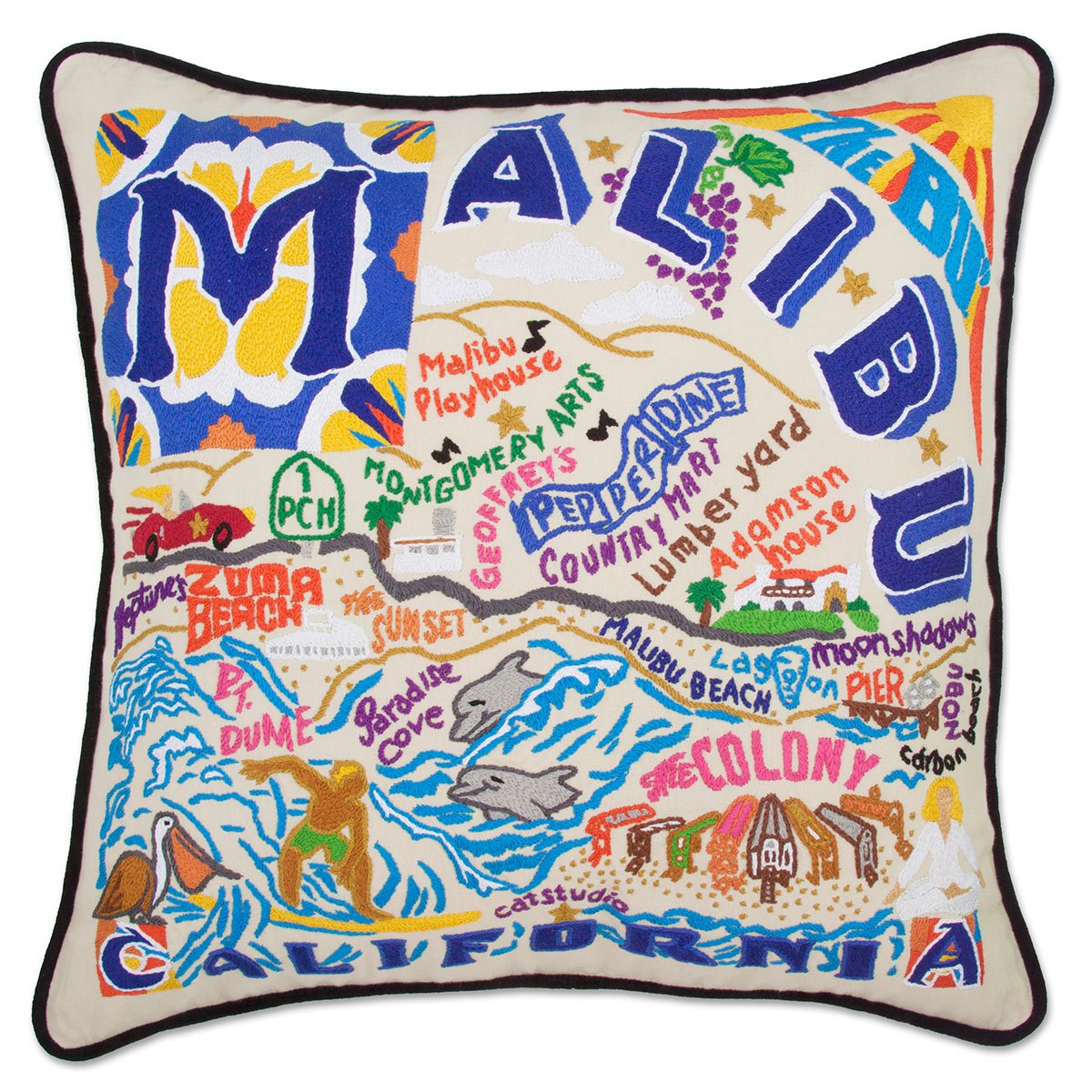 Malibu Beach, CA Surf City hand-embroidered throw pillow showcasing iconic landmarks