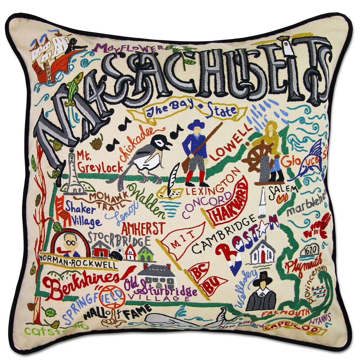 Massachusetts State Colonial hand-embroidered throw pillow with rustic lodge-style design