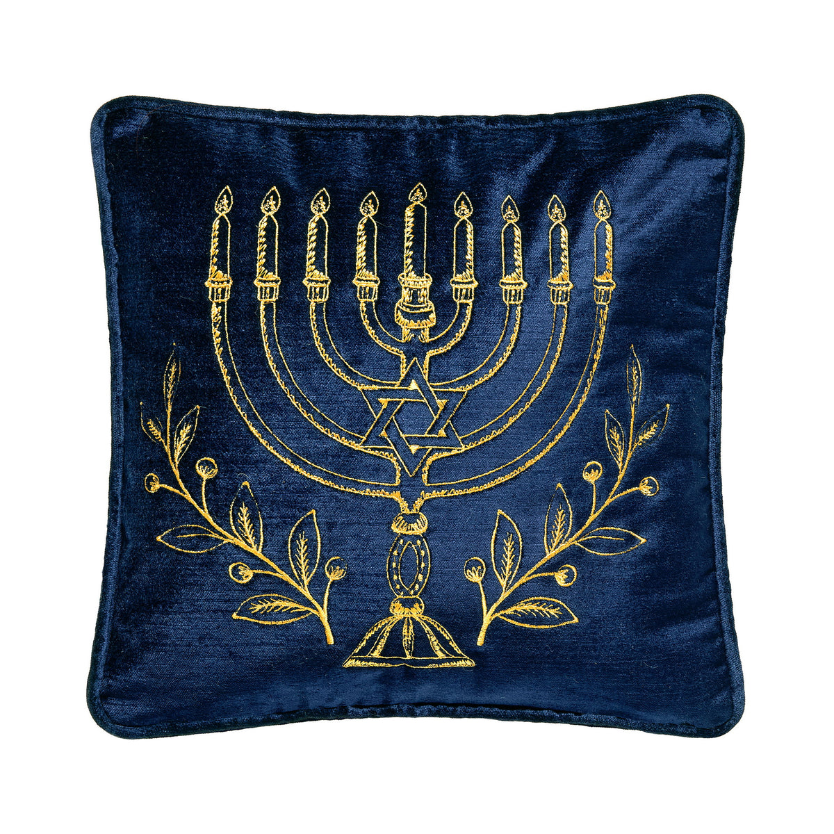Menorah Gold Embroidered Hanukkah Throw Pillow, 12x12 inch, front view