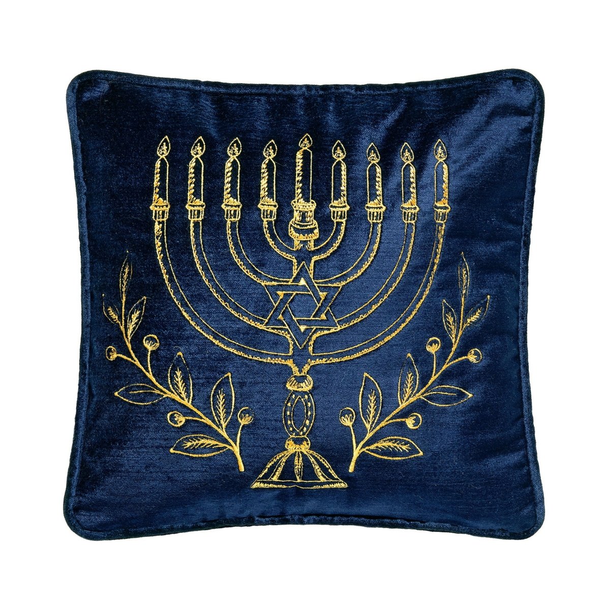 Menorah Gold Embroidered Hanukkah Throw Pillow, 12x12 inch, front view