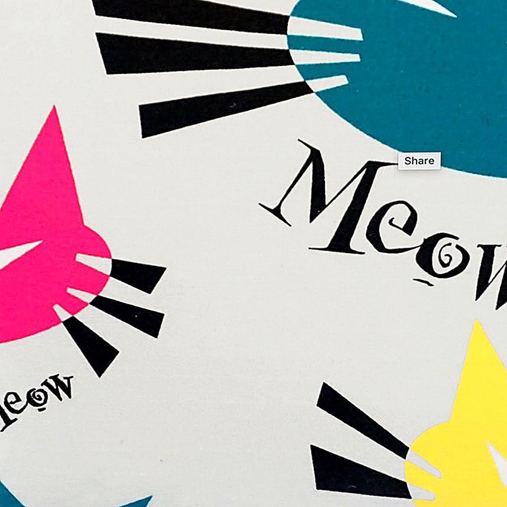 Closeup of Meow Cat Lovers needlepoint throw pillow highlighting hand-stitched wool craftsmanship and fabric detail