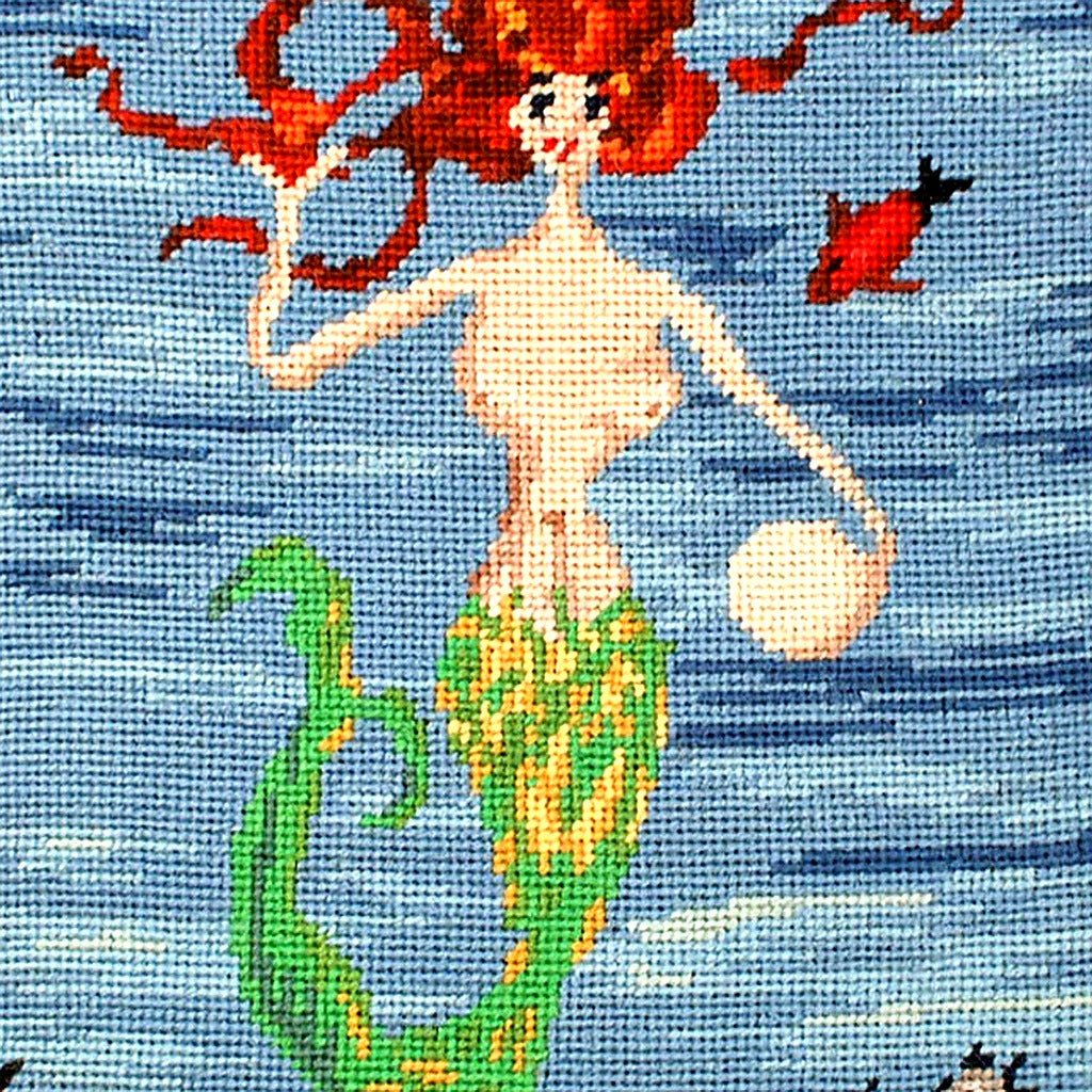 Closeup of Mermaid In Sea Coastal needlepoint throw pillow highlighting hand-stitched wool craftsmanship and fabric detail
