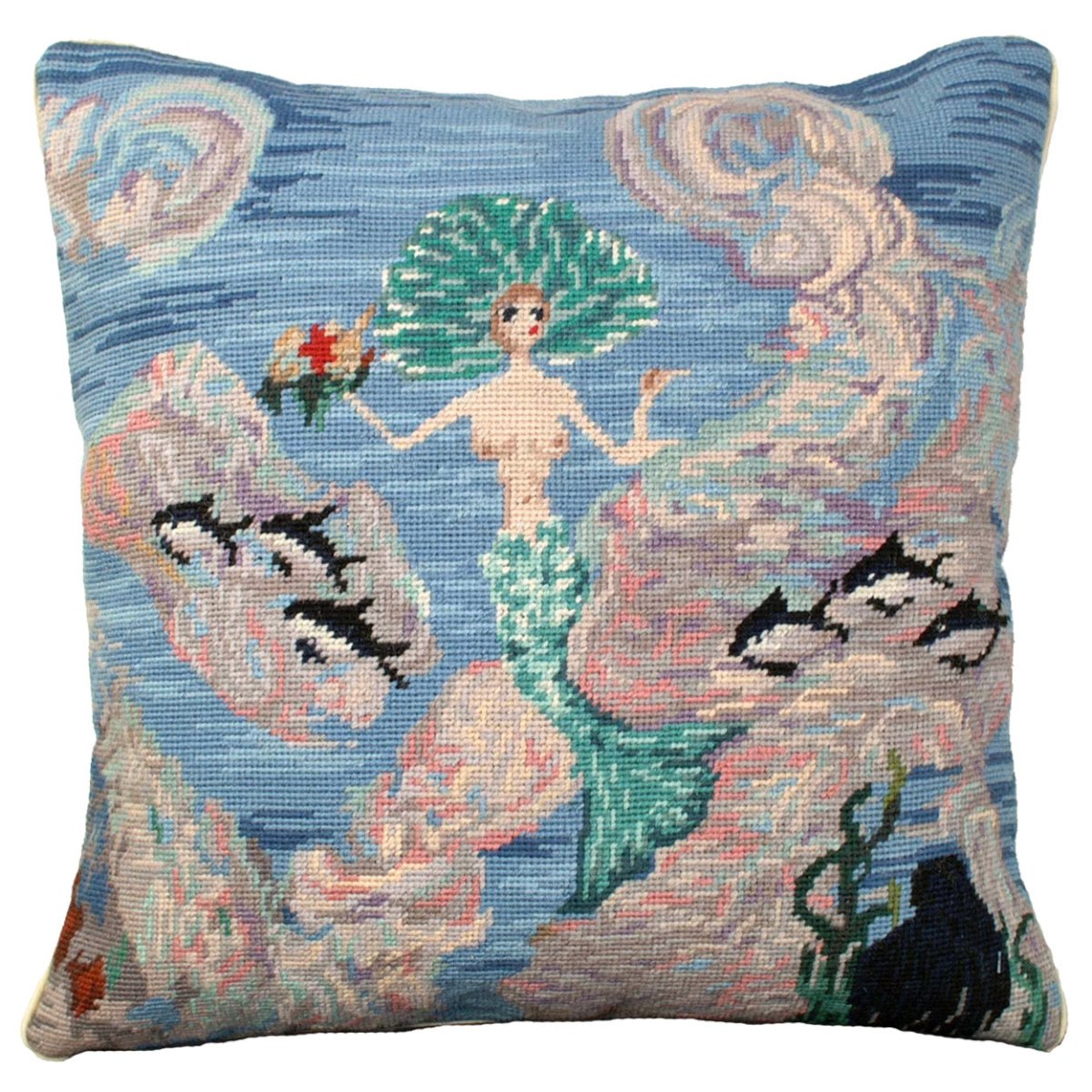 Mermaid In Sea needlepoint throw pillow with artisan decorative design
