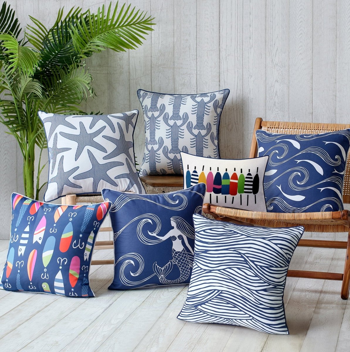Mermaid Printed Throw Pillow shown alongside other designs in the same collection, 20x20 inch