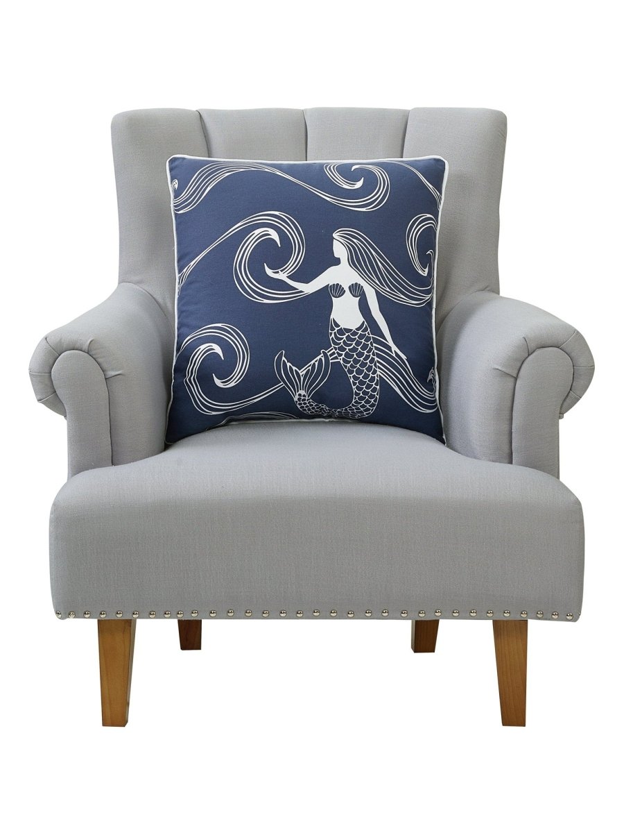 Mermaid Printed Throw Pillow on an armchair, showing the throw pillow at room scale, 20x20 inch