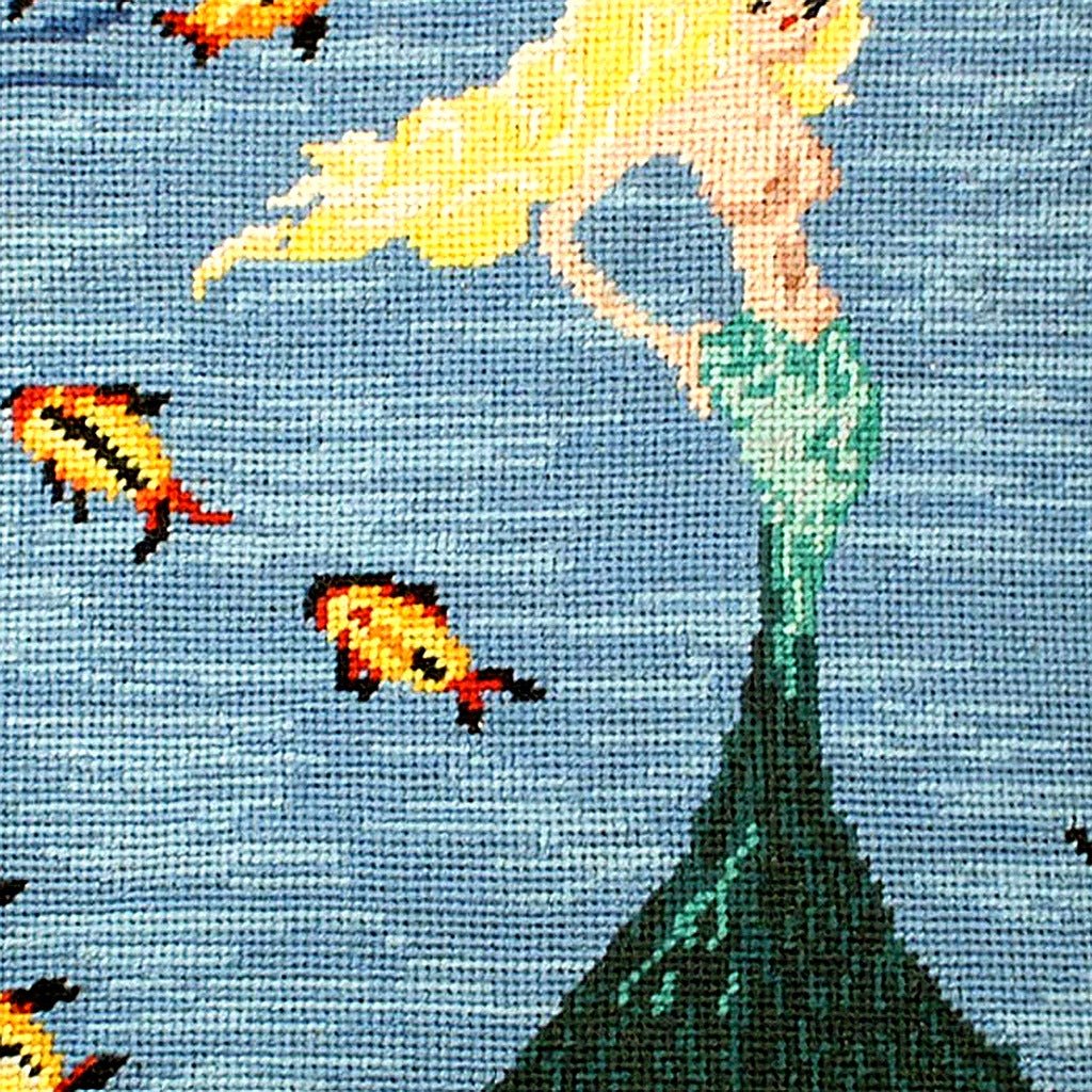 Mermaid Swimming Fish pillow fabric closeup showing hand-embroidered needlepoint wool texture and color detail
