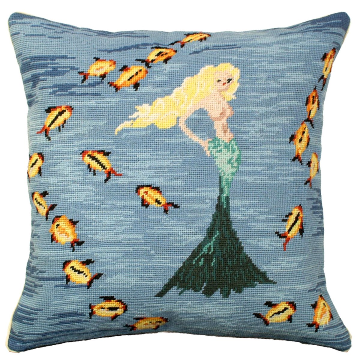 Mermaid Swimming Fish needlepoint throw pillow with aquatic fishing design