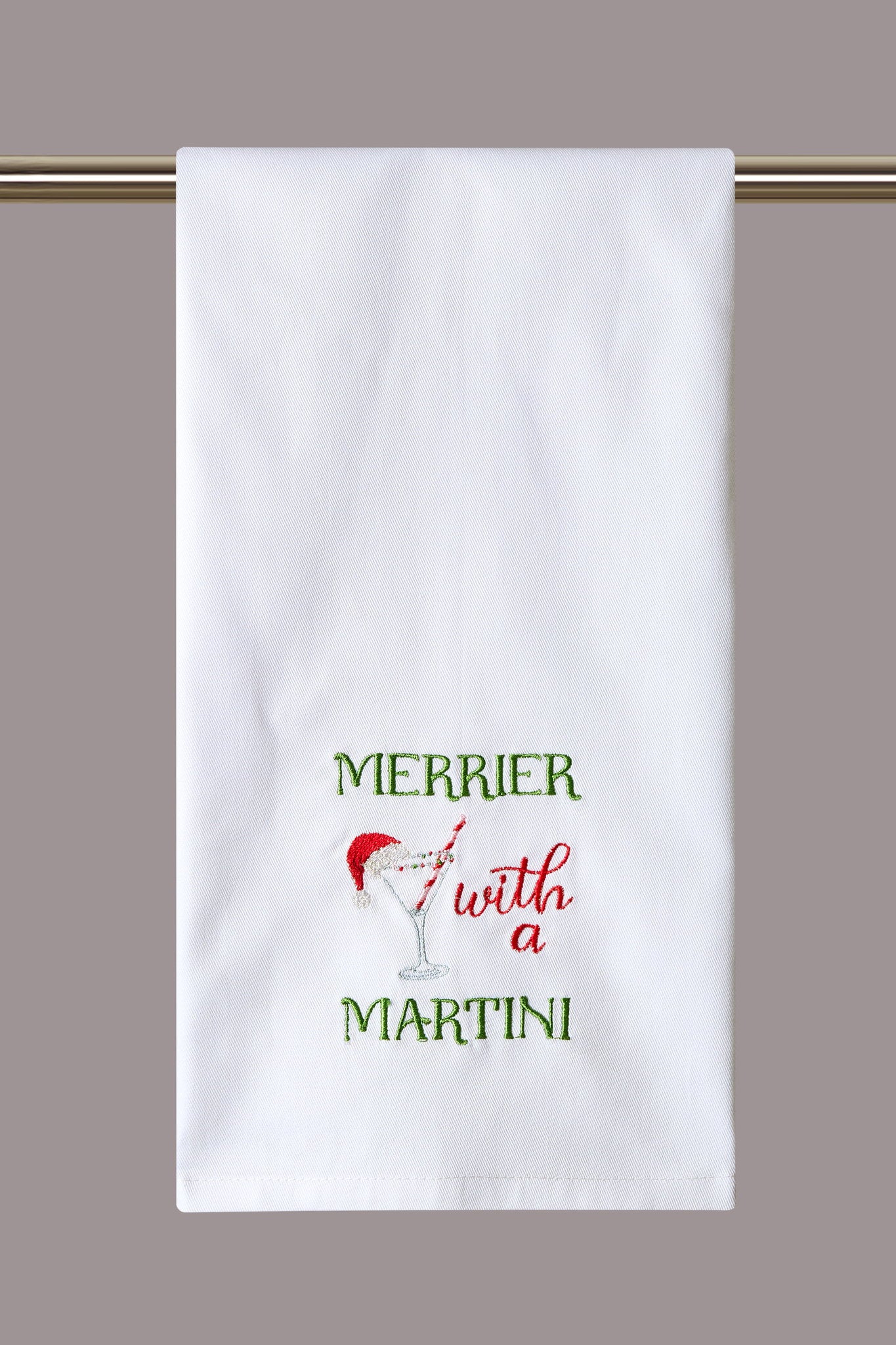 Merrier with a Martini Embroidered Christmas Kitchen Towel, 16x25 inch, front view