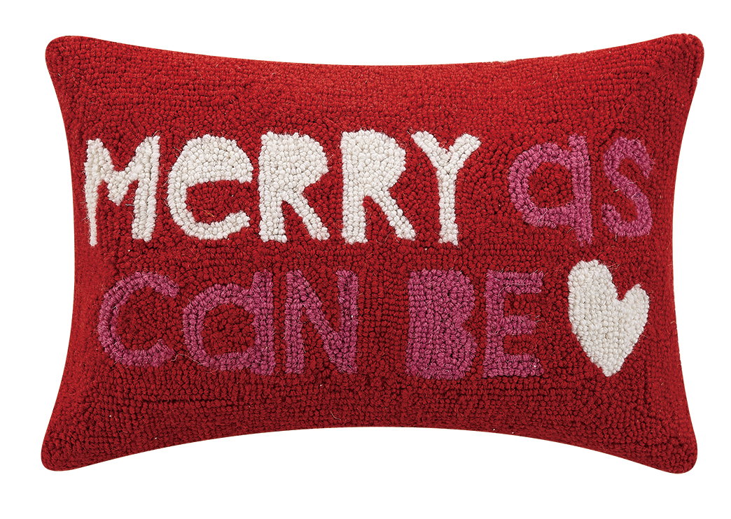 Merry as Can Be Hooked Wool Christmas Throw Pillow, 12x18 inch, front view