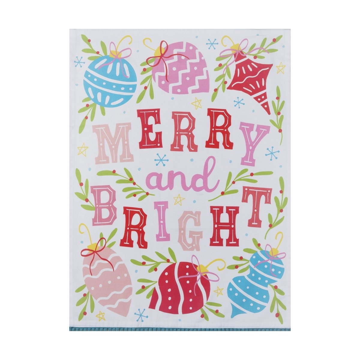Merry Bright with Pom Pom Christmas Kitchen Towel, 18x25 inch, front view