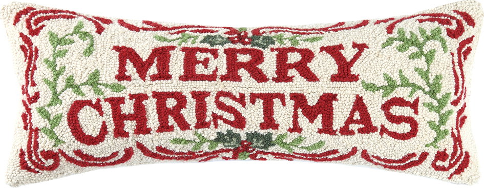 Merry Christmas Hooked Wool Throw Pillow, 10x26 inch, front view