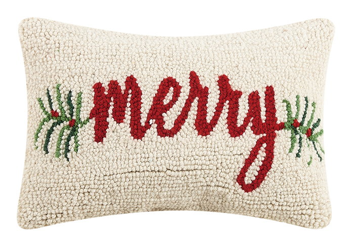 Merry Hooked Wool Christmas Throw Pillow, 8x12 inch, front view