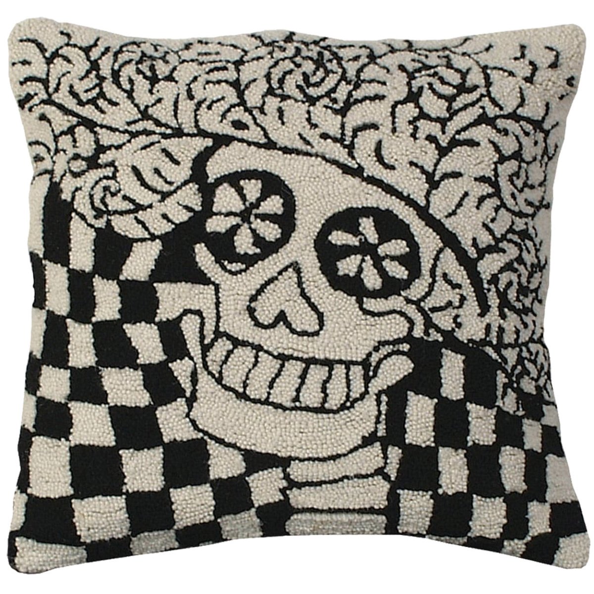 Mexican Day Of The hooked wool throw pillow with artisan decorative design