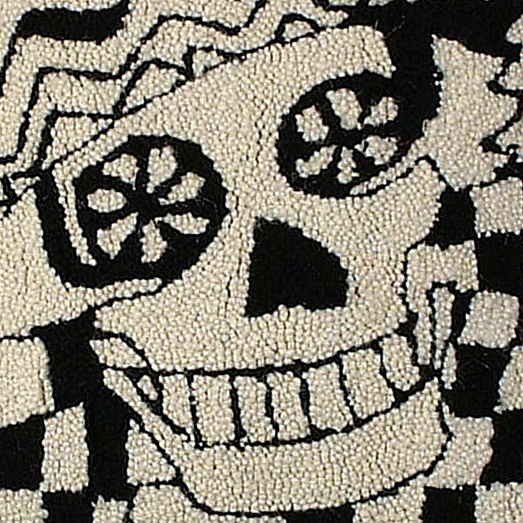 Mexican Day of the Dead Wool Hooked pillow fabric closeup showing hand-embroidered needlepoint wool texture and color detail