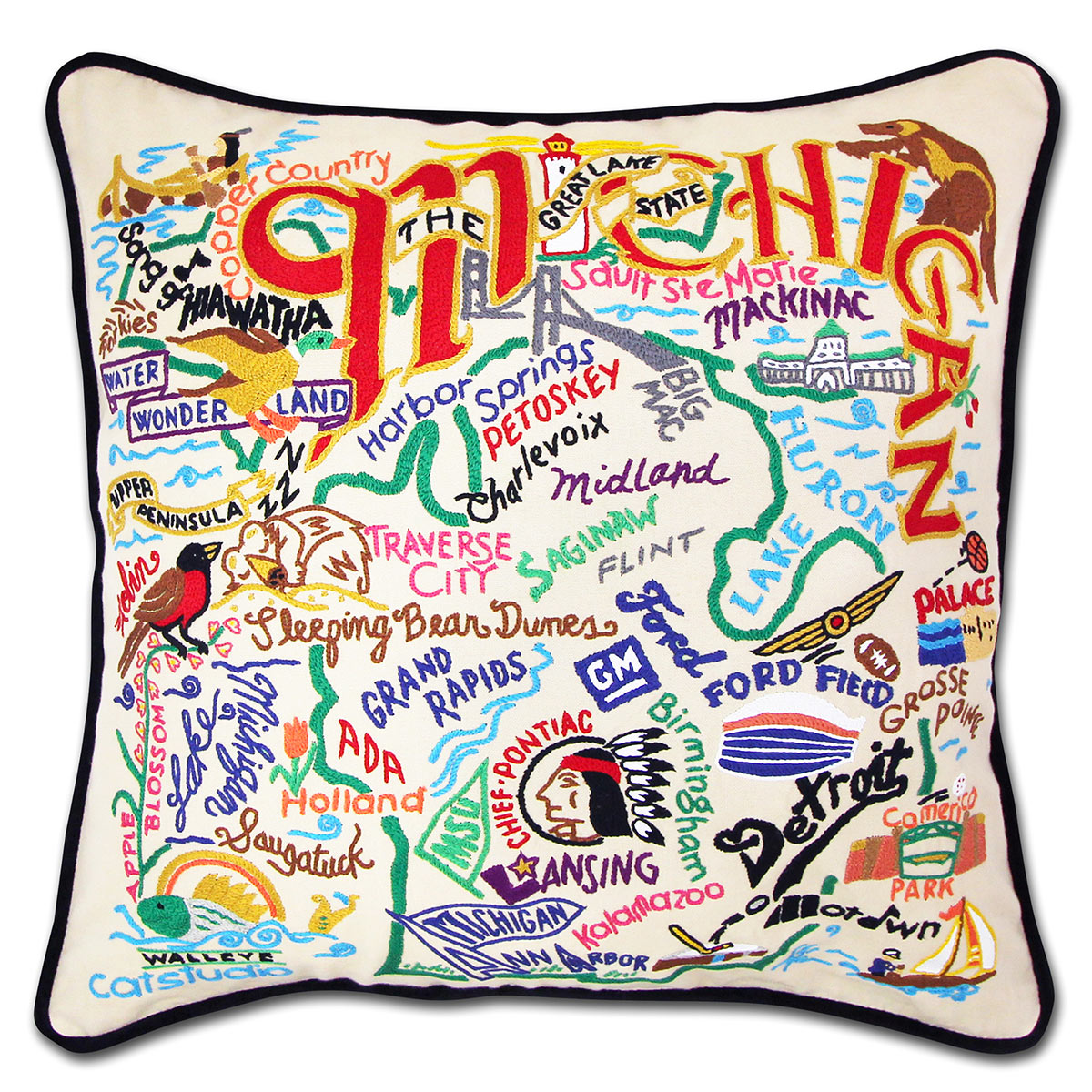 Michigan State Great Lakes hand-embroidered throw pillow showcasing iconic landmarks