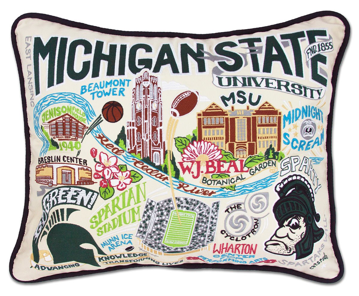 Michigan State University Spartans hand-embroidered throw pillow featuring school colors and mascot imagery