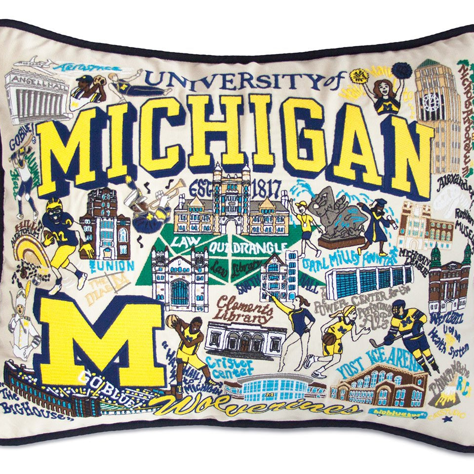 Michigan Wolverines University hand-embroidered throw pillow featuring school colors and mascot imagery