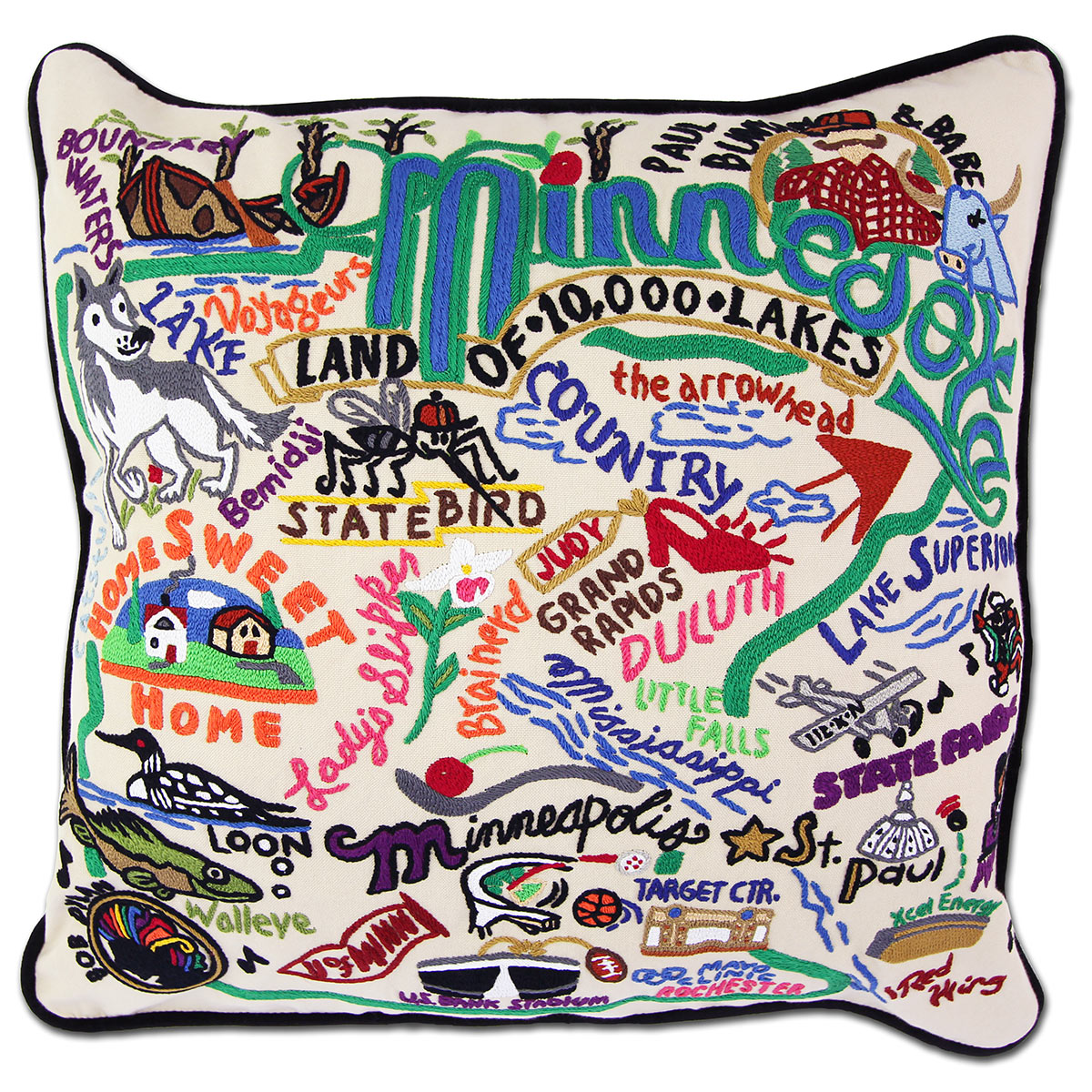 Minnesota State North Star hand-embroidered throw pillow showcasing iconic landmarks
