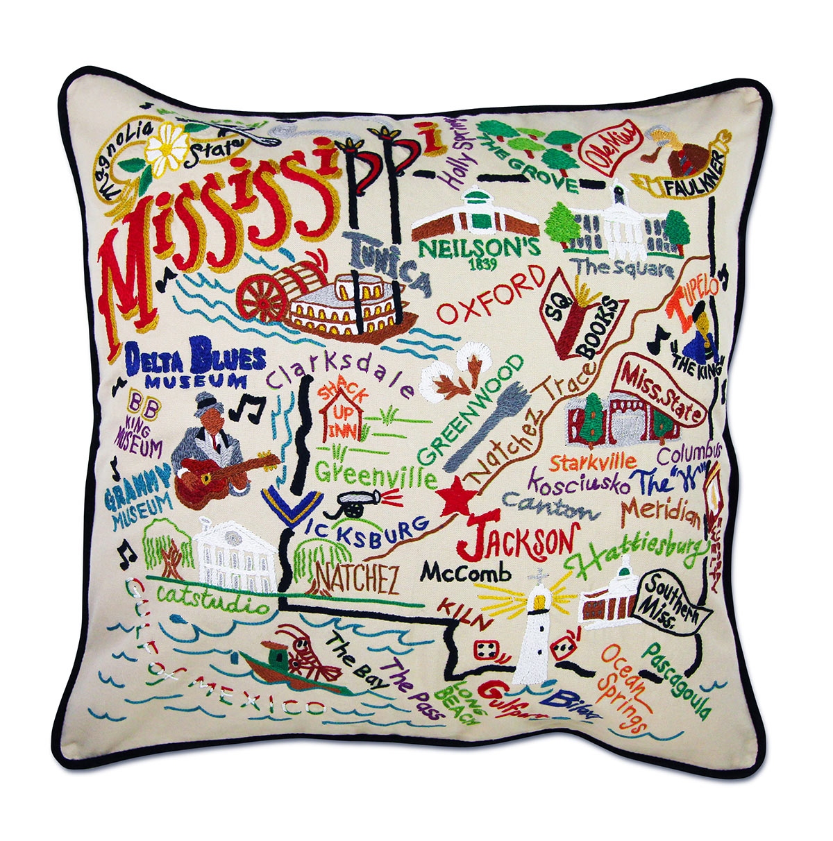 Mississippi State Delta hand-embroidered throw pillow showcasing iconic landmarks