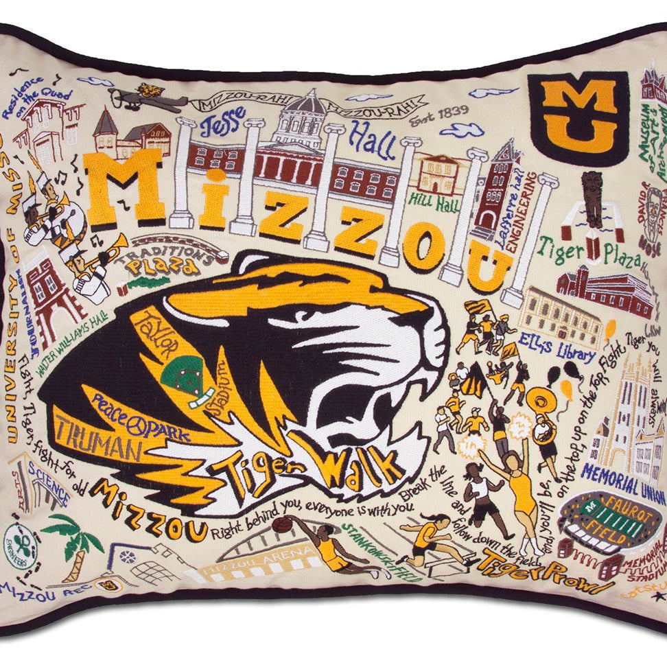 Missouri Tigers hand-embroidered throw pillow featuring school colors and mascot imagery