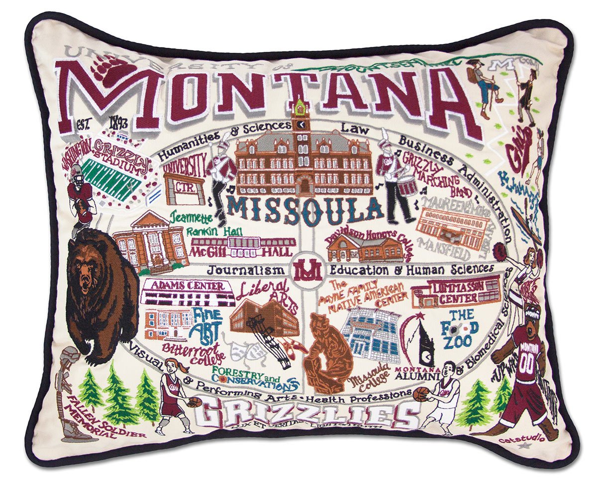 Montana Grizzlies hand-embroidered throw pillow featuring school colors and mascot imagery