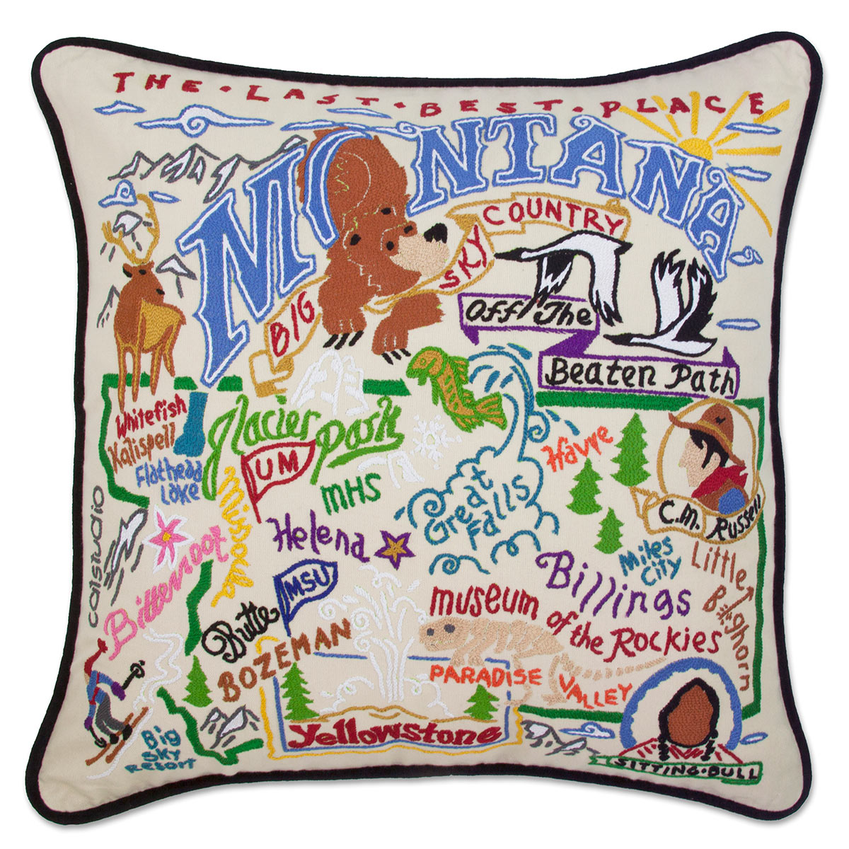 Montana State Big Sky hand-embroidered throw pillow showcasing iconic landmarks