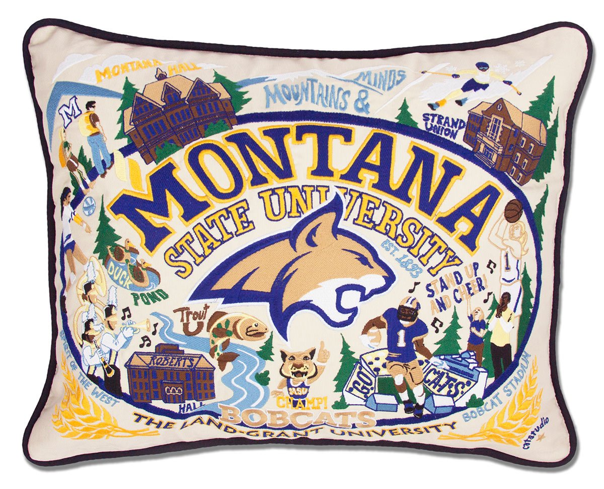 Montana State University Bobcats hand-embroidered throw pillow featuring school colors and mascot imagery