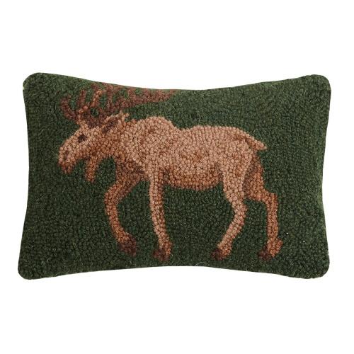 Moose Hooked Wool Throw Pillow, 8x12 inch, front view