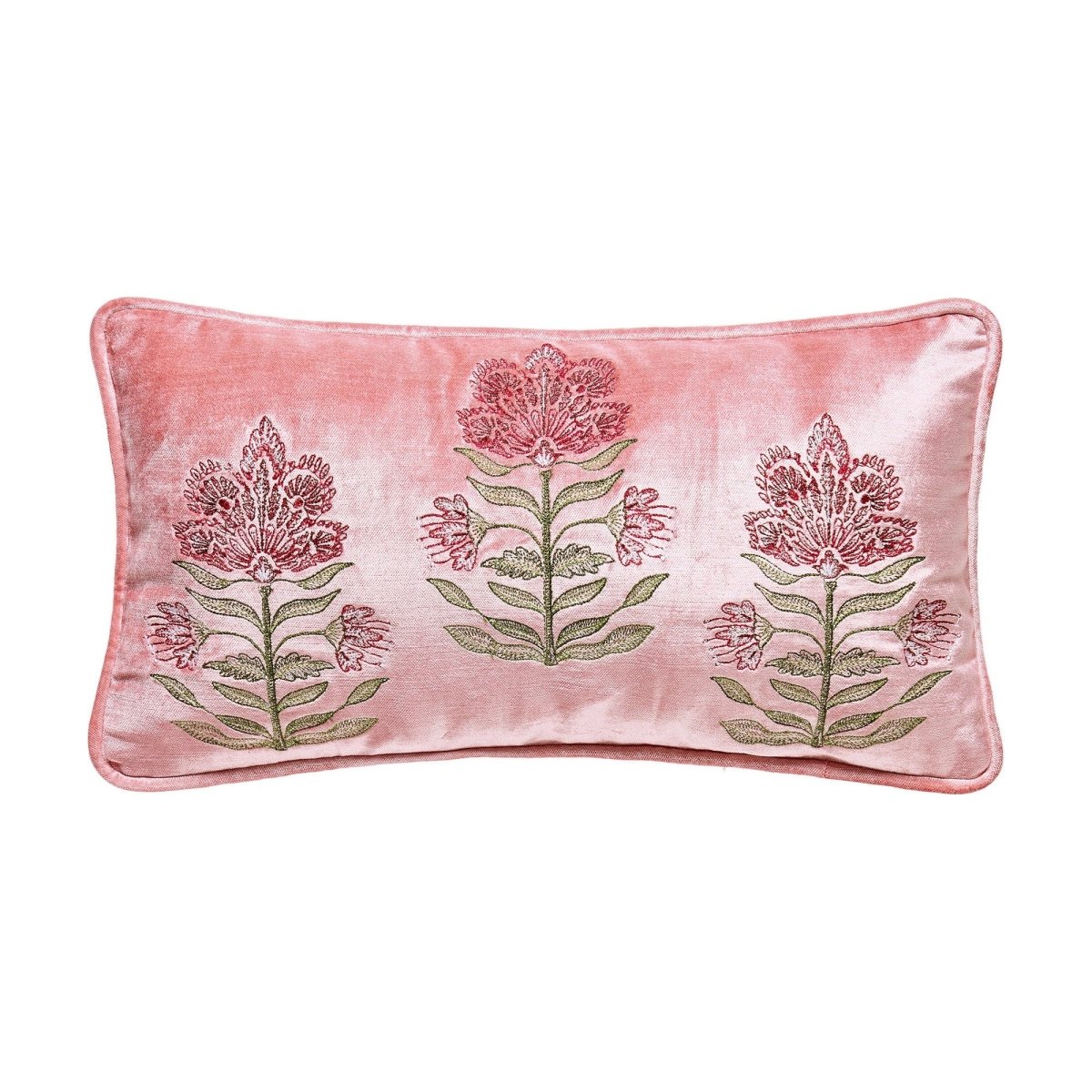 Mughal Floral Oblong Velvet Embroidered Throw Pillow, 9x16 inch, front view
