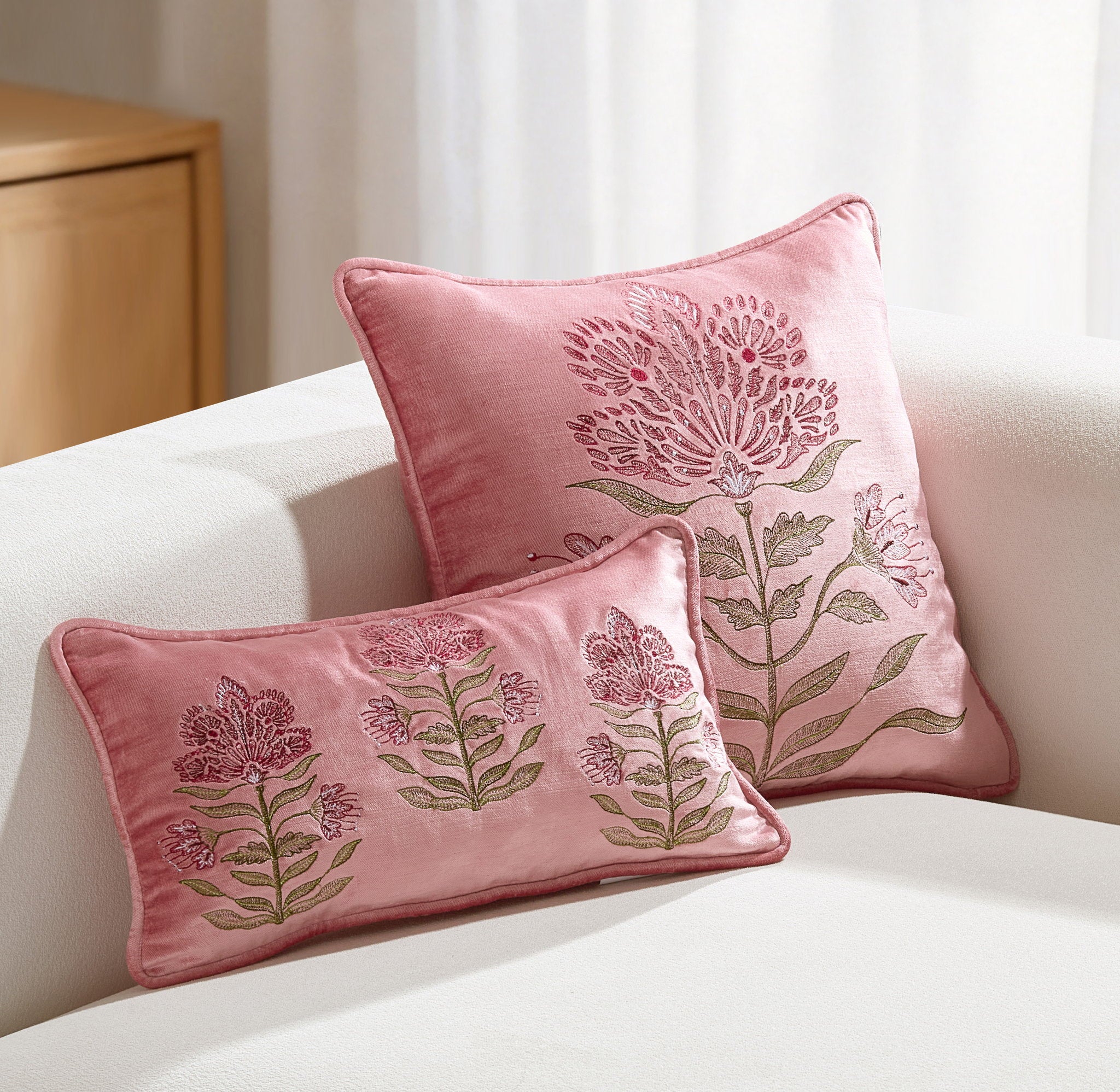 Mughal Floral Square Velvet Embroidered Throw Pillow shown alongside other designs in the same collection, 16x16 inch