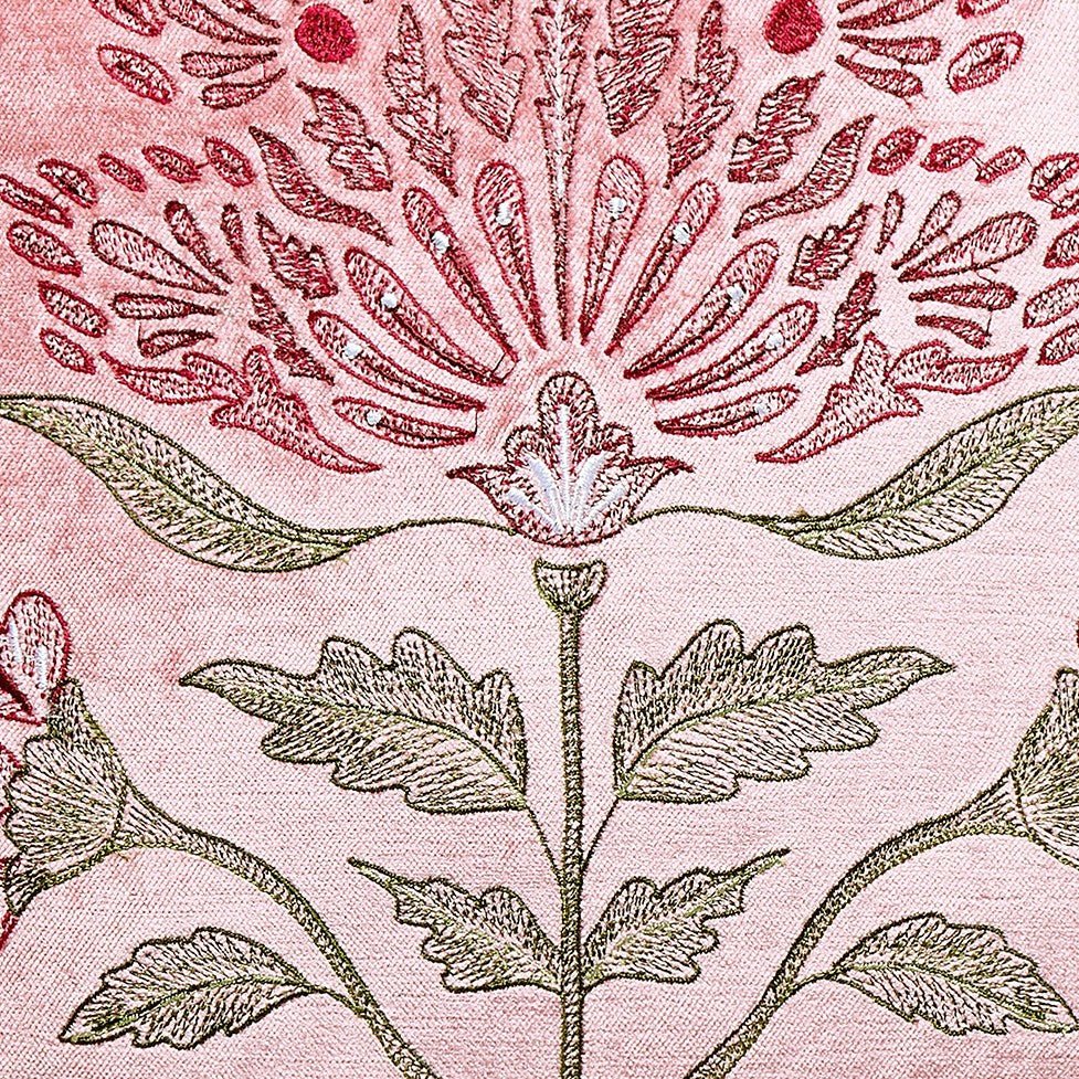 Mughal Floral Square Velvet Embroidered Throw Pillow, close-up detail