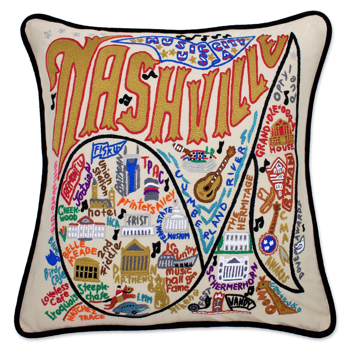 Nashville, TN Music City hand-embroidered throw pillow with artisan decorative design