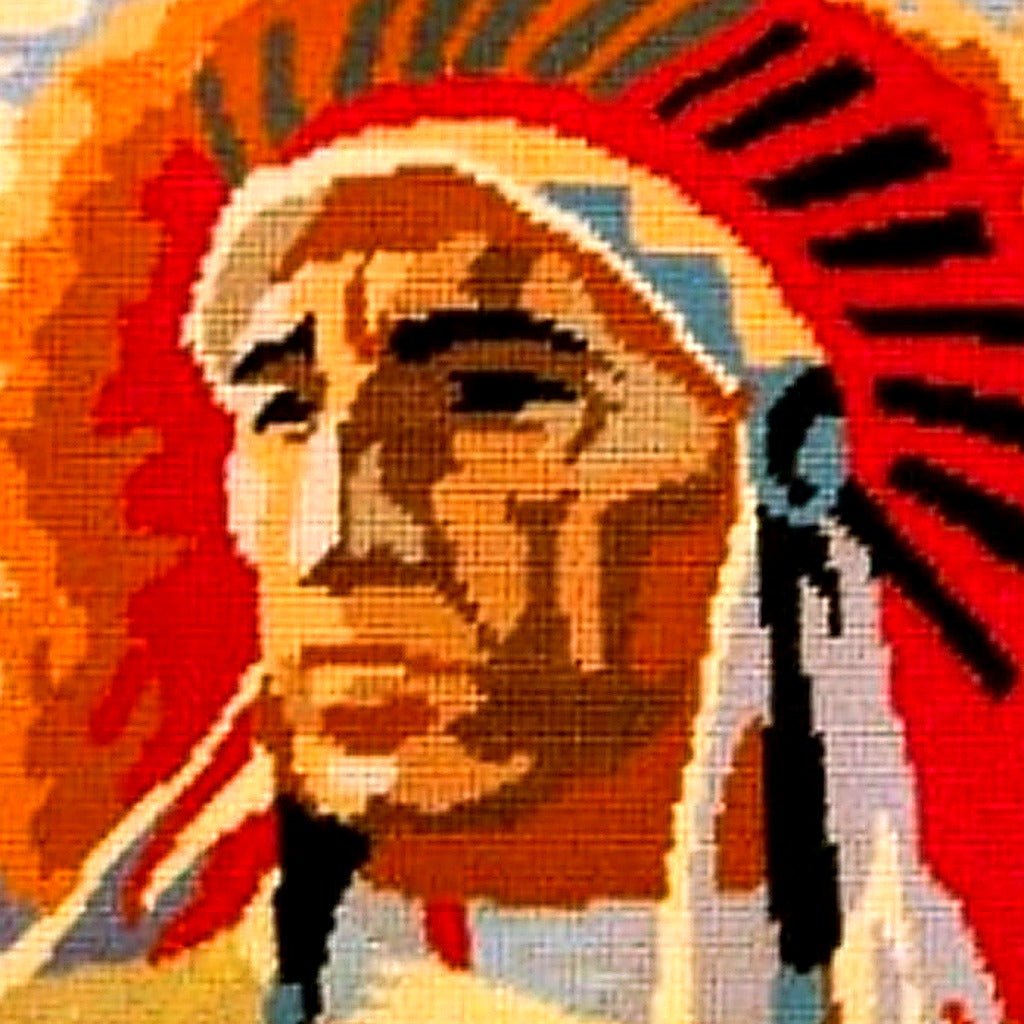 Closeup of Native American Chief Southwestern needlepoint throw pillow highlighting hand-stitched wool craftsmanship and fabric detail