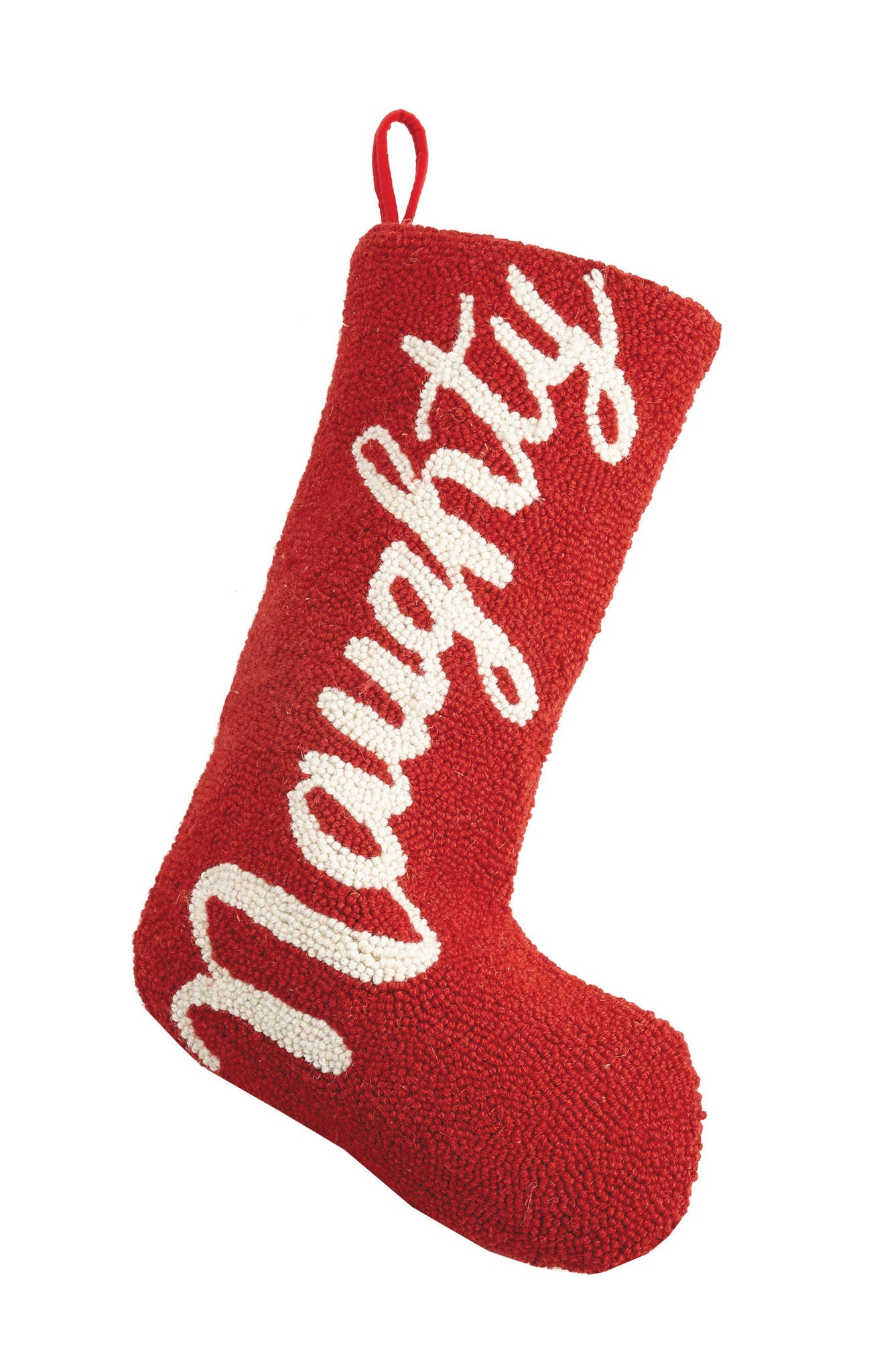 Naughty Hooked Wool Christmas Stocking, 12x20 inch, front view