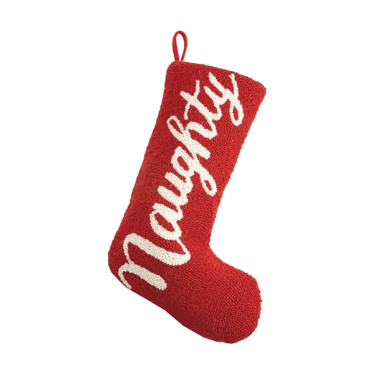 Naughty Hooked Wool Christmas Stocking, 12x20 inch, front view