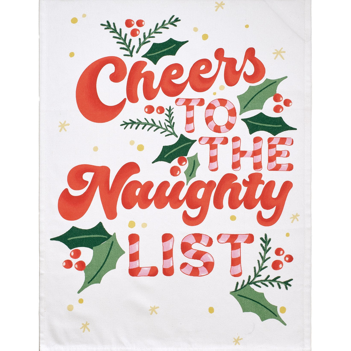 Naughty List with Pom Poms Christmas Kitchen Towel, close-up detail