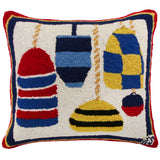 Buoy Shore hooked wool throw pillow with nautical coastal motifs