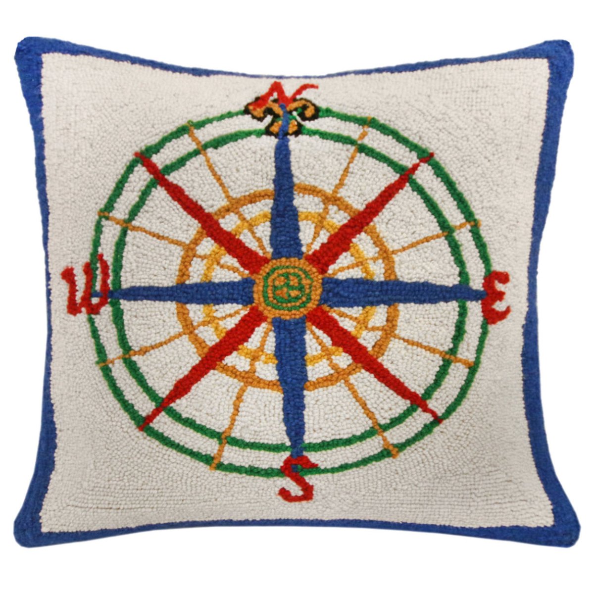 Compass hooked wool throw pillow with nautical coastal motifs