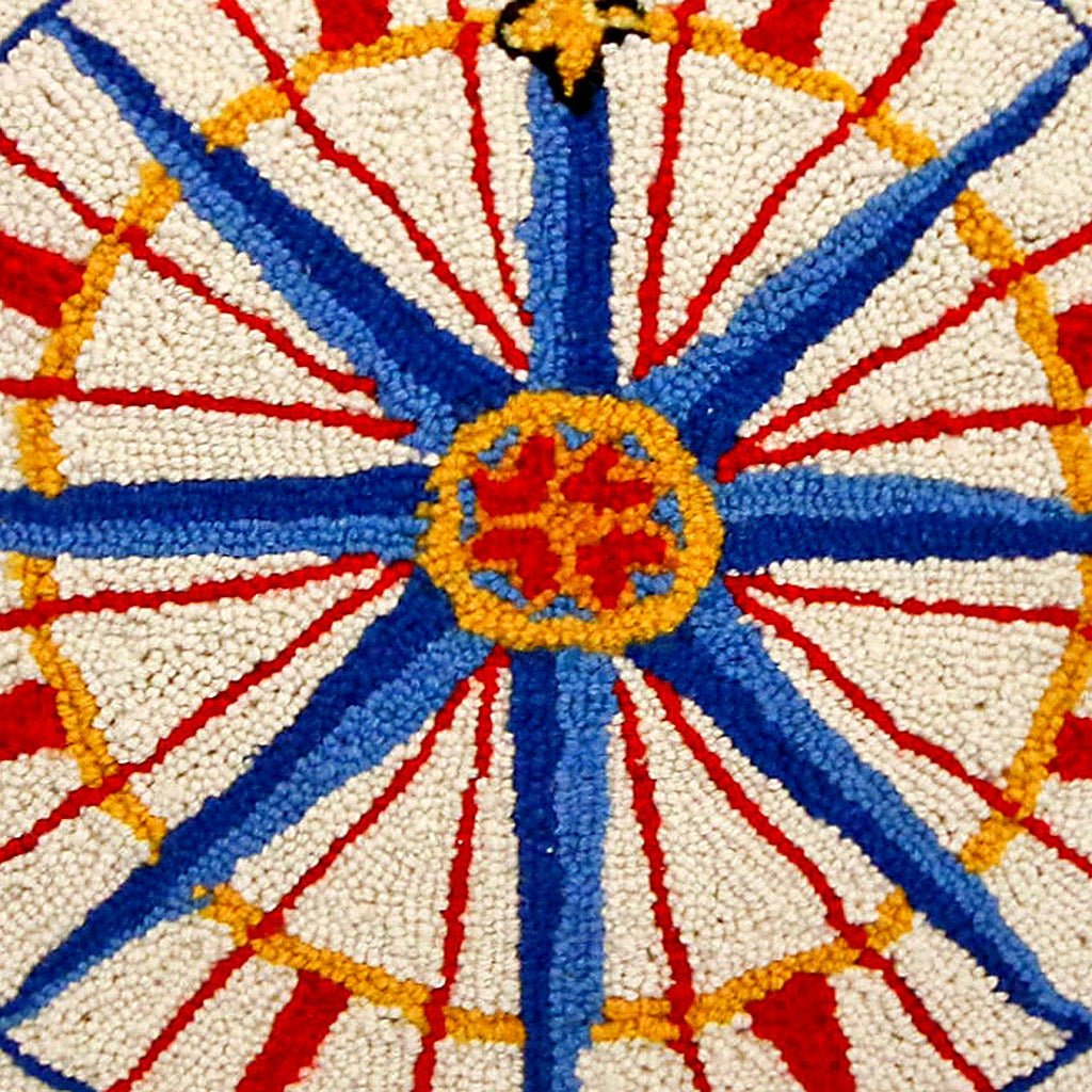 Nautical Compass Maritime Coastal Wool Hooked pillow fabric closeup showing hand-embroidered needlepoint wool texture and color detail