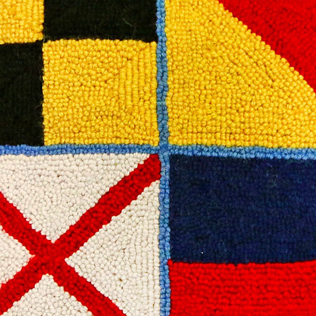 Nautical Flag Love Coastal Wool Hooked pillow fabric closeup showing hand-embroidered needlepoint wool texture and color detail