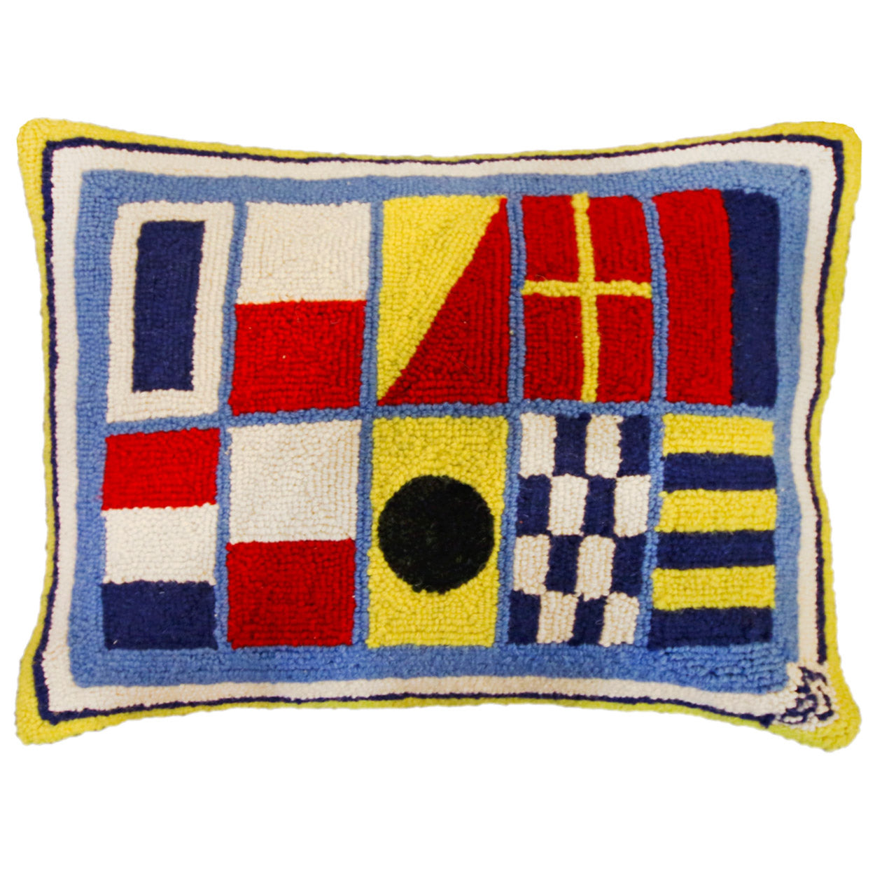 Flag Shore Thing hooked wool throw pillow with nautical coastal motifs