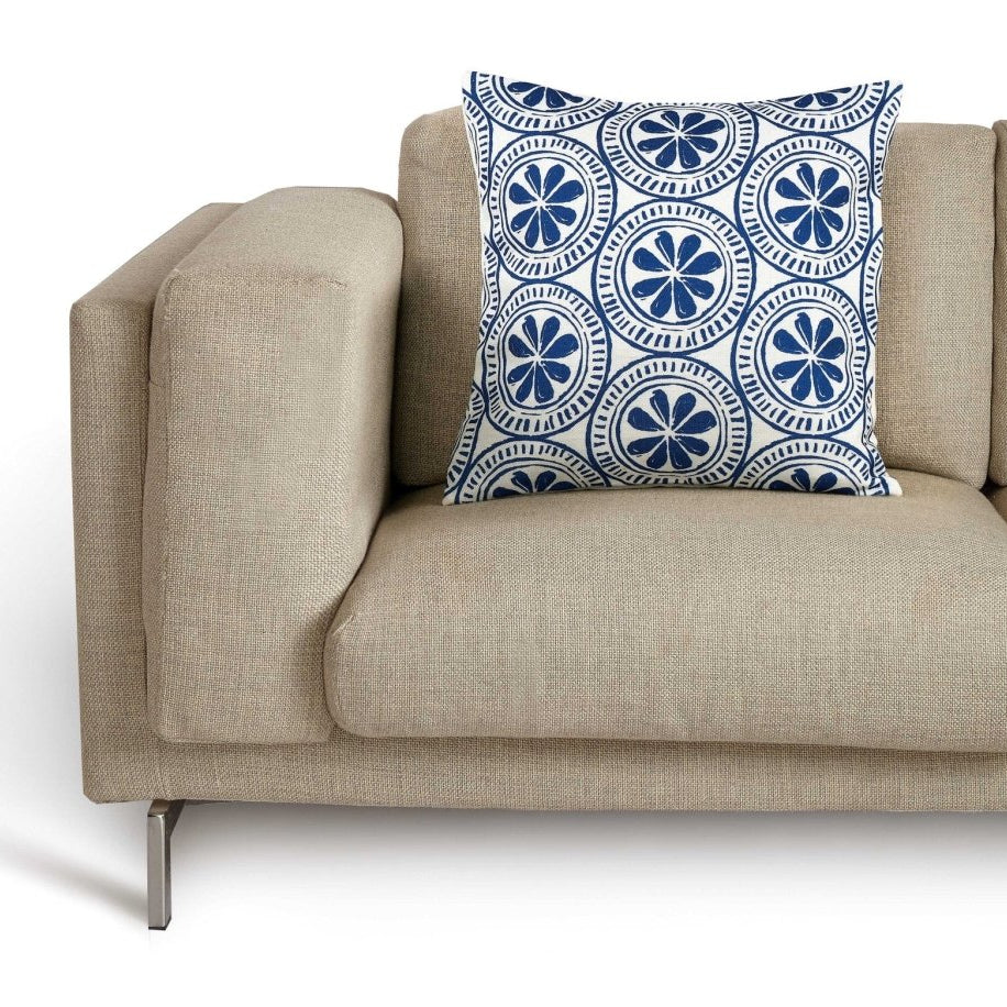 Navy Medallion Digital Printed Throw Pillow, 20x20 inch, closer view of the throw pillow