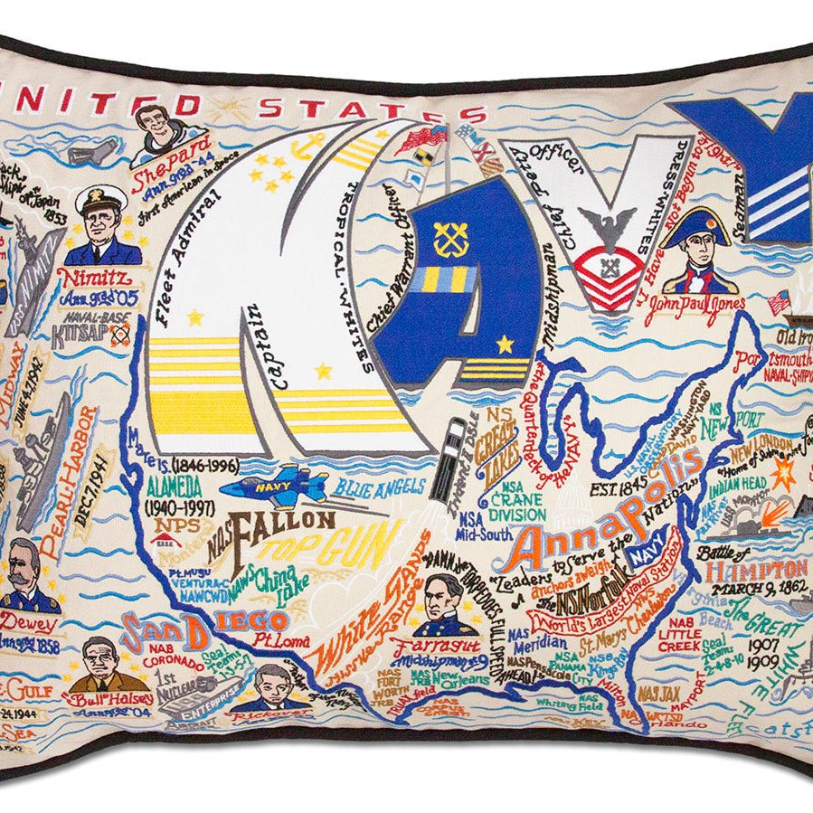 Navy Appreciation hand-embroidered throw pillow showcasing iconic landmarks