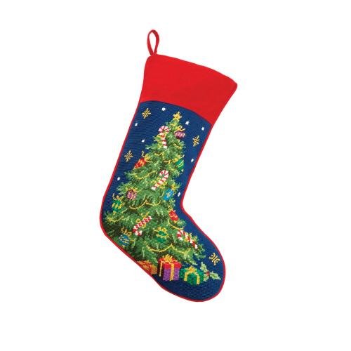 Navy Night Sky Christmas Tree Wool Needlepoint Stocking, 11x18 inch, front view
