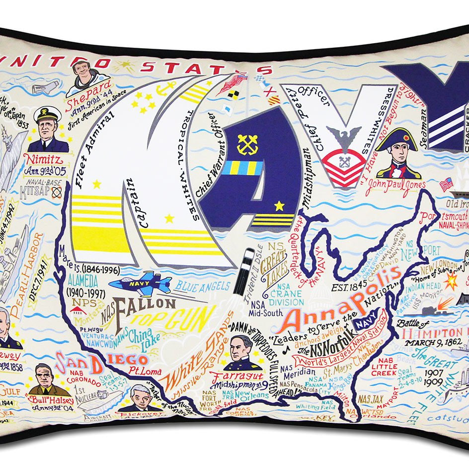 Navy US Military Printed hand-embroidered throw pillow showcasing iconic landmarks