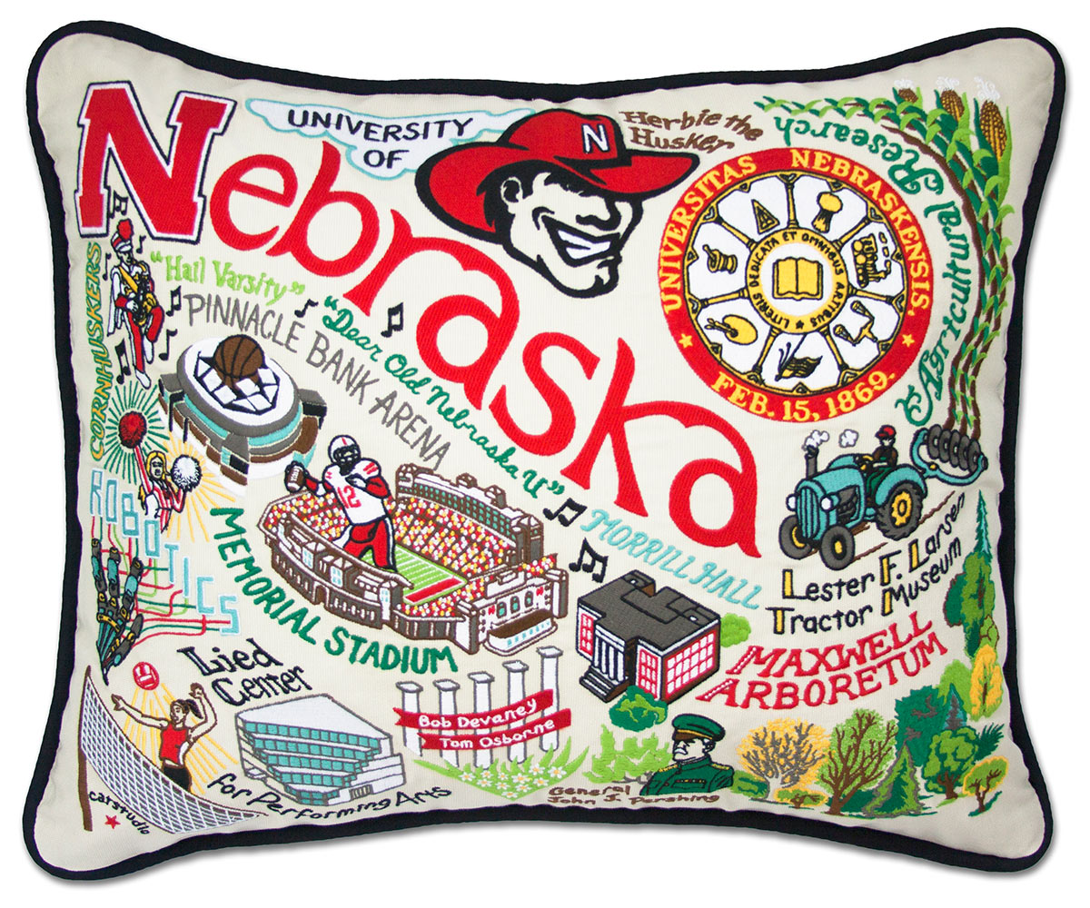 Nebraska State Cornhusker hand-embroidered throw pillow showcasing iconic landmarks