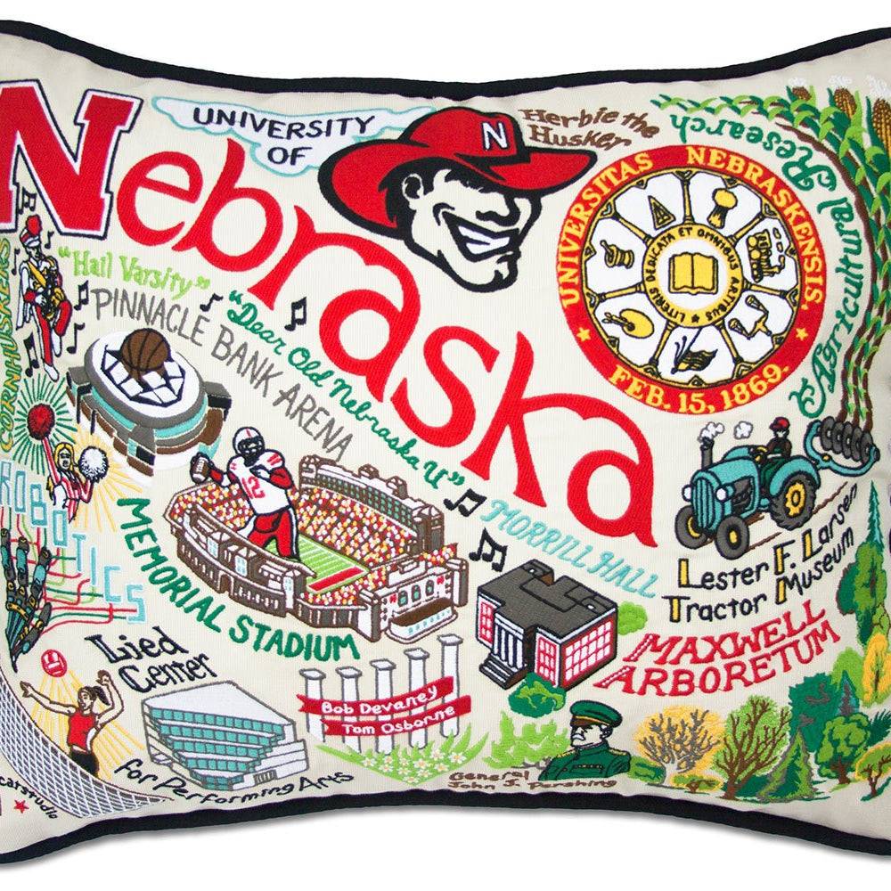 Nebraska State Cornhusker hand-embroidered throw pillow showcasing iconic landmarks